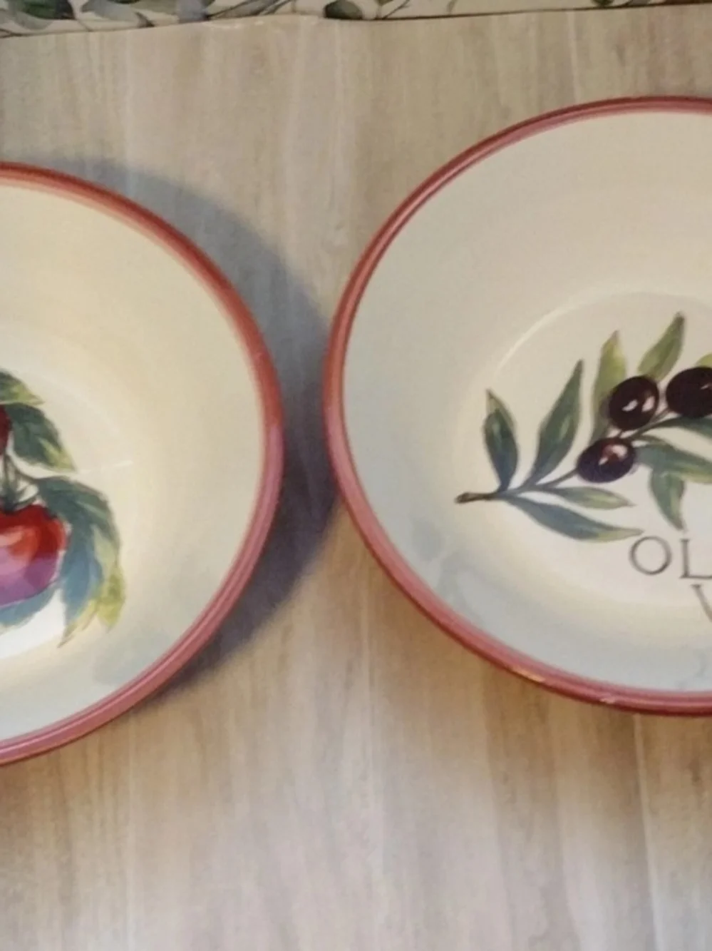 Williams Sonoma Ceramic Serving Bowls with Red Rim and Olive Motif